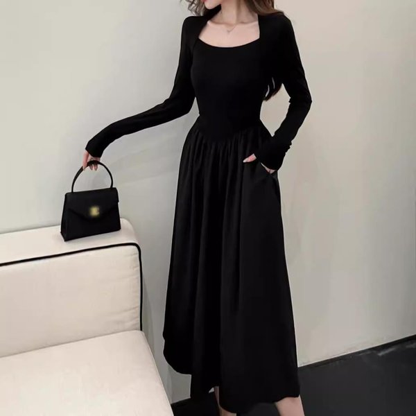 Nuevo Vestido De Manga Larga Con Escote Cuadrado Negro Para Personas PequeñAs, Temperamento De Primavera Y OtoñO Para Mujeres, Cintura Adelgazante, Falda Larga Interior 2XL Negro-image