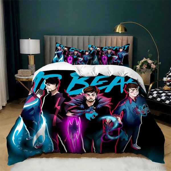 Mr Beast Juego De Funda NóRdica De 3 Piezas Con Cierre De Cremallera Juego De Ropa De Cama Funda NóRdica Rayo Gato Suave Ligero 140X200Cm-image