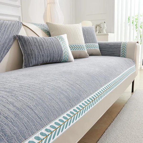 CojíN De Sofá Moderno Cuatro Estaciones Estampado Chenilla Color SóLido Borde Bordado Hoja De Trigo Funda De Sofá Alfombrilla Antideslizante Para Sofá 70X70Cm 1Pcs-image