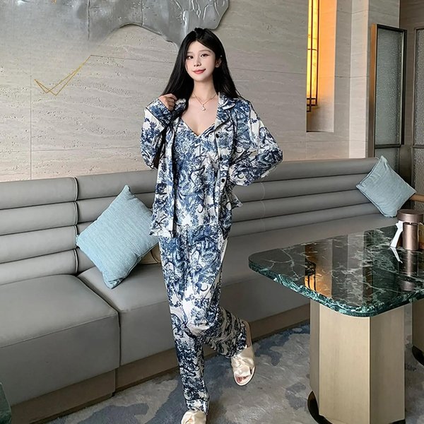 Pijama De Tirantes Para Mujer Verano Ropa De Casa Pijama De Seda De Hielo Conjunto De Tres Piezas Pijama De Seda De Hielo Para Mujer Primavera Y Verano XL Azul-image