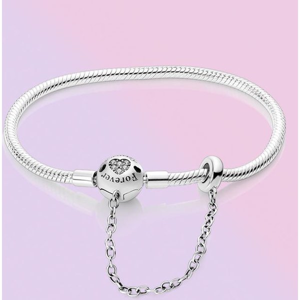 Pulsera De Plata De Ley 925 Para Mujer, Pulsera Con Cadena De Serpiente Y CorazóN, Cuentas Con Dijes De Temperamento, Regalo De JoyeríA 18Cm White-image