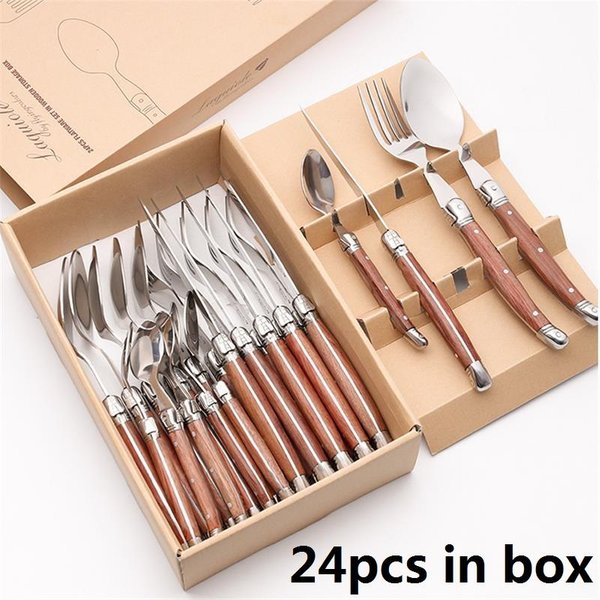 Juego De Vajilla Laguiole De 24 Piezas Mango De Madera Vajilla Coreana Acero Inoxidable 6 Cuchillos Para Carne 6 Tenedores 6 Cucharas 6 Cucharillas Cubiertos-image