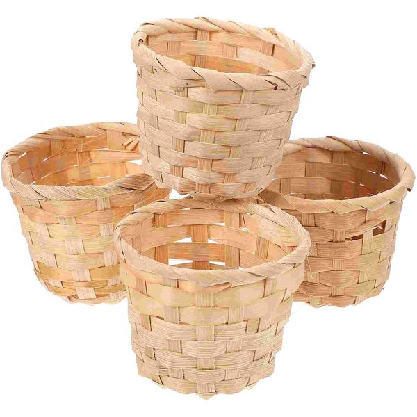 10 Szt. Mini Bambusowe Kosze Do Przechowywania Kosze Biurowe Kosze Na śMieci Domowe Dekoracyjne Owoce Tkane RęCznie Drewniane Uchwyty Beige-image