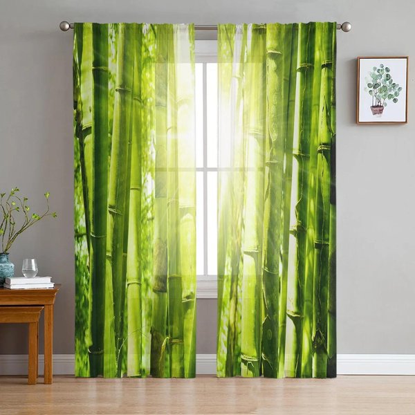 Cortinas Transparentes De Color Verde Bosque De Bambú, Cortinas De Tul Para Ventana De SalóN, Dormitorio, Cocina, DecoracióN Del Hogar, Cortinas De Gasa W135 X H115Cm X1&Rod Pocket-image