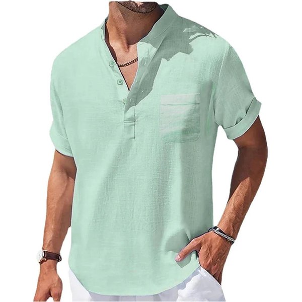 Camisas De AlgodóN Y Lino De Verano Para Hombre, Camisas De Manga Corta, Camisetas Casuales Con Cuello Henry Para Hombre, Camisas, Ropa Para Hombre S Verde-image