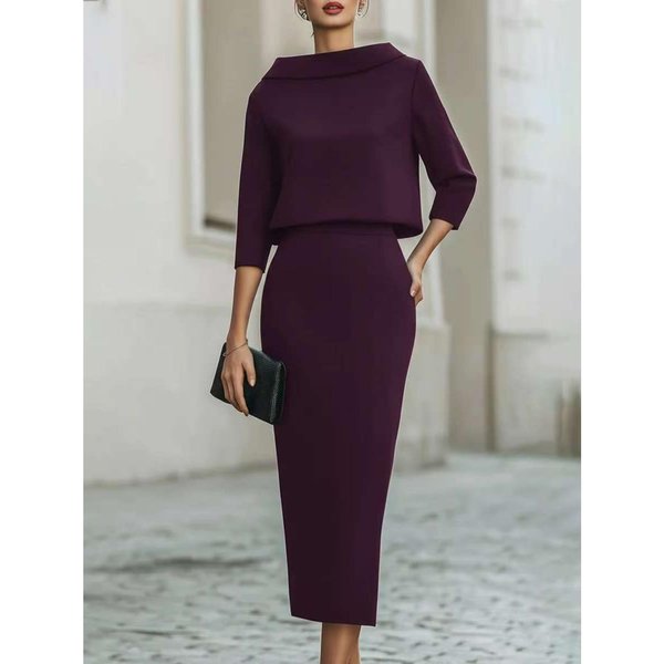 Damski Komplet Top Z Dekoltem Typu Cowl I RęKawem 3/4 Oraz SpóDnica, Dopasowany, Elegancki, DwuczęśCiowy, Midi 2XL Fioletowy-image