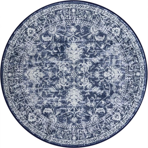 OkrąGłY Granatowy Dywan Kwiatowy Z BiałYmi Symetrycznymi Wzorami I Botanicznymi Detalami, Elegancki Vintage Dywan Do Salonu, Klasyczny WystróJ 150Cm-Dia.-image