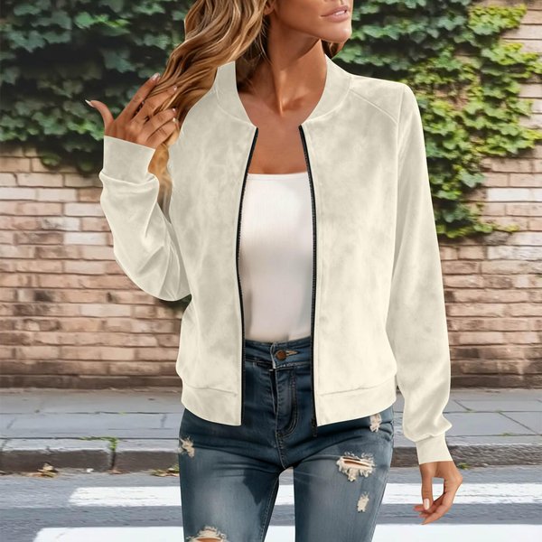 Damska Moda Jednolity Kolor OkrąGłY Dekolt DłUgi RęKaw Zamek BłYskawiczny Zamsz KróTka Kurtka Styl Bomber Okrycie Wierzchnie Codzienny Lekki M White-image