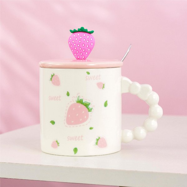 Uroczy Ceramiczny Kubek Z Pokrywką I łYżEczką, MałY śWieżY Kubek Na Wodę, PamiąTka, Domowy Kubek Do Kawy, Kubek Dla Pary - Truskawkowy 400Ml White-image
