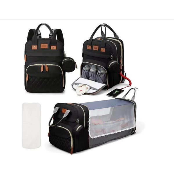 Torba Plecak Na Pieluchy 3 W 1 SkłAdane łóżEczko Dla Dziecka Wodoodporna Torba PodróżNa Z łAdowaniem USB Plecak Na Pieluchy Z Przewijakiem 3 Rodzaje-image