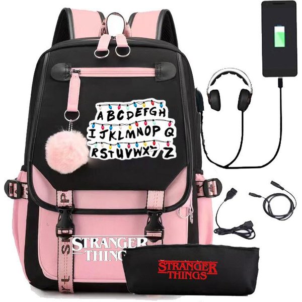 Mochila Stranger Things Stranger Con Carga USB Para Estudiante De Secundaria Bolso Escolar Estuche Dos Piezas One Size Fits All Color Rosa-image