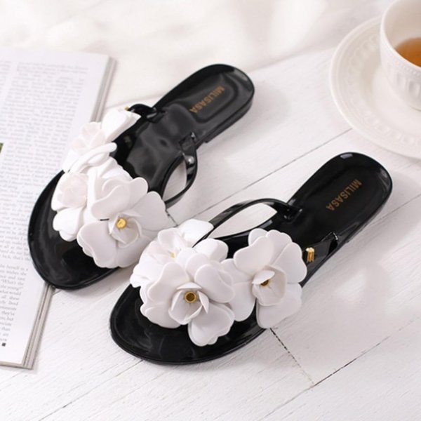 Chanclas Mujer Verano Flor Chanclas Sandalias Fondo Plano Zapatos De Gelatina Zapatos De Playa De Flor Para Mujer Sandalias Planas Chanclas 39 Negro-image