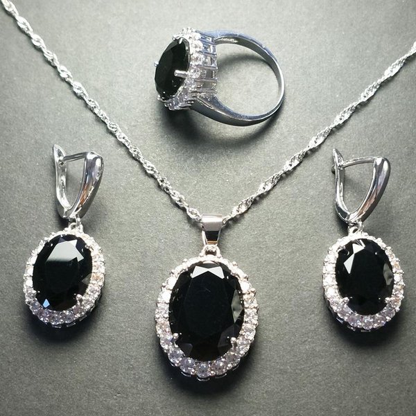 Europejski I AmerykańSki Zestaw BiżUterii Cyrkoniowej BiżUteria PierśCionek Naszyjnik Kolczyki Inkrustacja Size 10 ring Set Gray-image