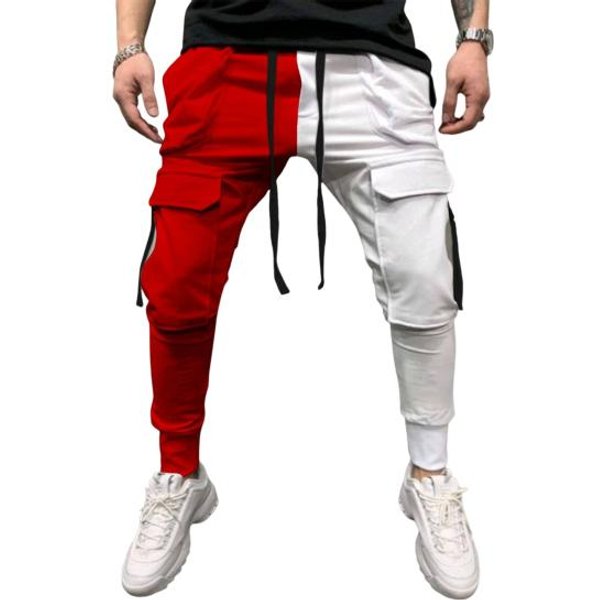 Pantalones Cargo Para Hombre CordóN Cintura EláStica Sueltos Bolsillos MúLtiples Color De Contraste Deportes Suaves Con Banda En El Tobillo L Red-image