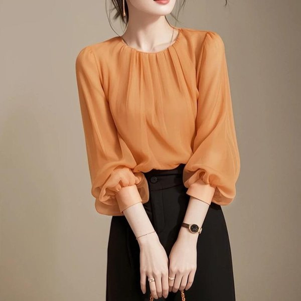 Los Modelos De Principios De OtoñO Son Populares Este AñO, Impresionantes Camisas Naranjas Francesas De Manga Siete Cuartos Para Mujer De Verano Con Temperamento 3XL Brown-image