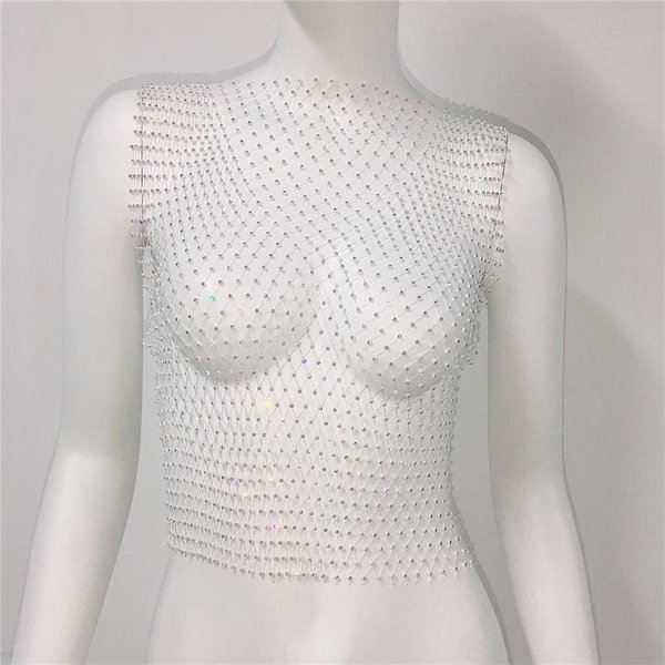 Nuevos Tops Cortos sexy De Malla Para Mujer Verano PedreríA Moda Fiesta Club Transparente Red De Pescado Camiseta Sin Mangas Espalda Hueca One Size White-image