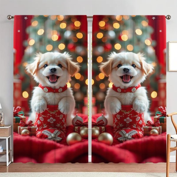 2 Szt. ZasłOna Z Nadrukiem SzczeniąT W śWiąTecznej Atmosferze Do Wystroju Domu - ZasłOna Z Tunelem Na Karnisz Do Sypialni, Biura, Kuchni 107Cmx160Cm X 2Pcs-image