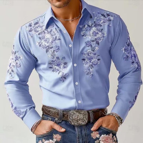 MęSka Casualowa Koszula Z Haftowanym Kwiatowym Wzorem, Z DłUgim RęKawem, Zapinana Na Guziki, Koszula W Stylu Western Xxxl Niebieski-image