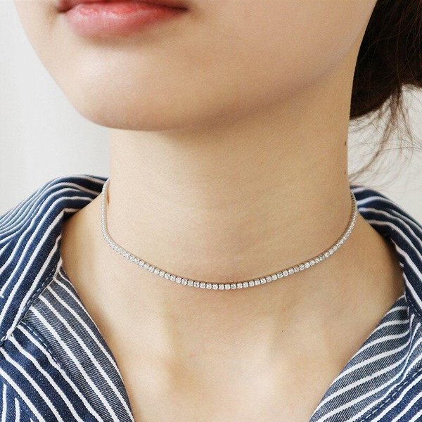 Collar Choker De Plata De Ley S925 Cadena Tenis Delgado Corto ZircóN Para Mujer Sencillo JoyeríA Fina Total 33Cm 33Cm Brown-image
