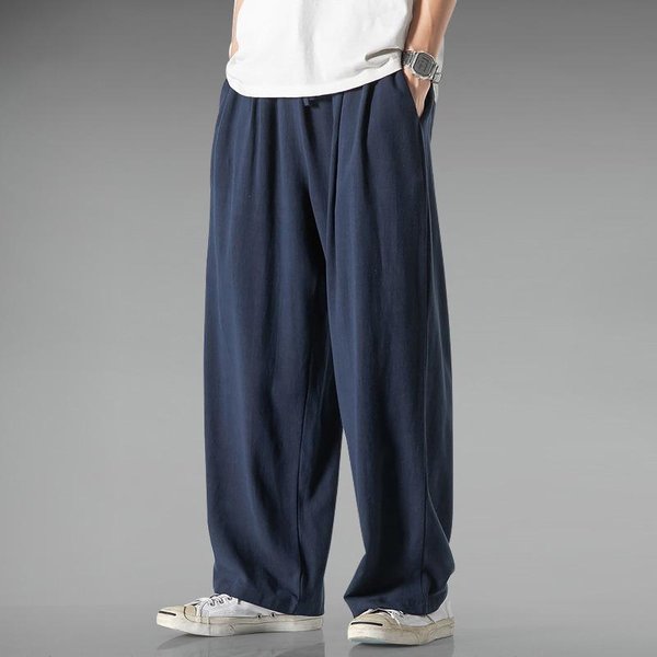 Pantalones De Lino Ligeros Y Transpirables De Verano Para Hombre, Pantalones Casuales De AlgodóN Y Lino, Rectos, Holgados, De Pierna Ancha L Azul Marino-image
