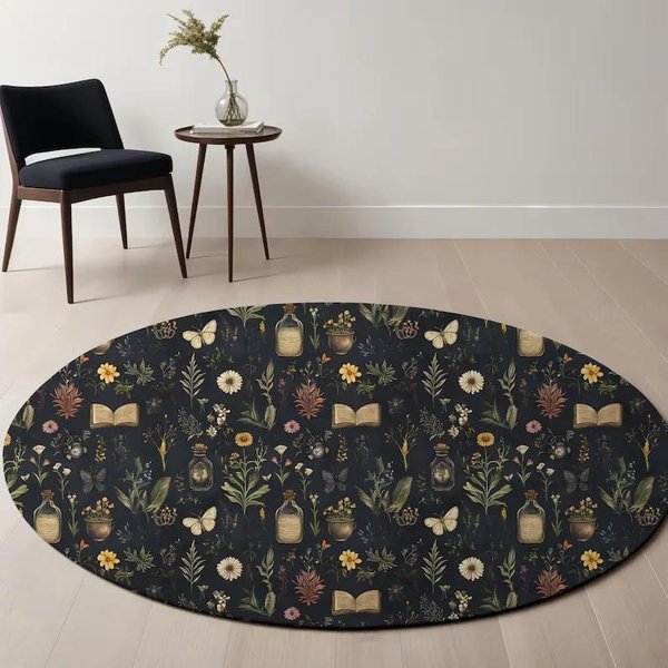 OkrąGłY Dywan Z Nadrukiem Dzikich KwiatóW Botanicznych – MięKki Pastelowy Boho Dywan Kwiatowy, Dekoracja PodłOgowa Do Salonu/Sypialni Inspirowana Naturą Diameter 100Cm(39In)-image