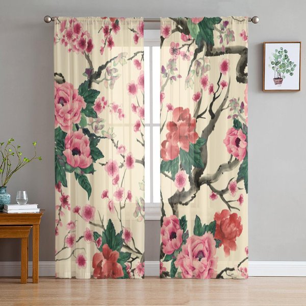 Flores De PeoníA Sakura En Maceta Vintage Cortinas Transparentes Para Sala De Estar Cortina De Ventana De Tul Transparente Cortinas De Velos Para Dormitorio Cocina 135W X 114H(Cm) White-image