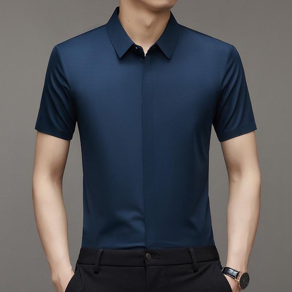 Camisa De Manga Corta Para Hombre Verano Nuevo Color SóLido Mediana Edad Negocios Ocio Media Manga Camisa Moderna Para Hombre Medio Forro M Gray-image