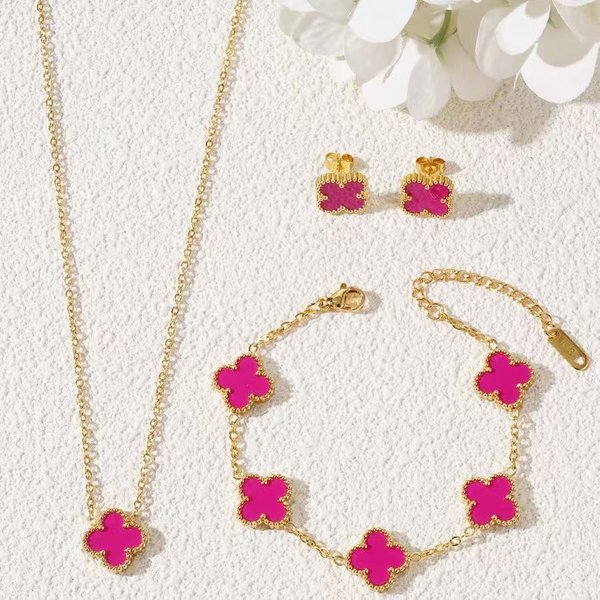 3 SZT Naszyjnik Koniczynka Ze Stali Tytanowej Bransoletka Kolczyki TrzyczęśCiowy Zestaw BiżUterii Necklace+Bracelet+Earring Beige-image