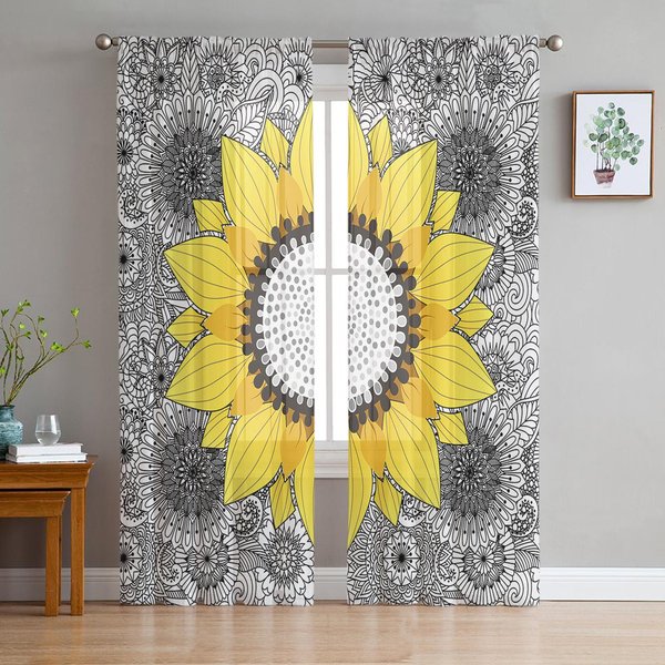 Cortinas Transparentes De Girasol Bohemio Mandala Blanco Y Negro Para DecoracióN De Sala De Estar, Cortinas De Ventana, Cortinas De Tul Voile Para Cocina W135 X H115Cm X1-image