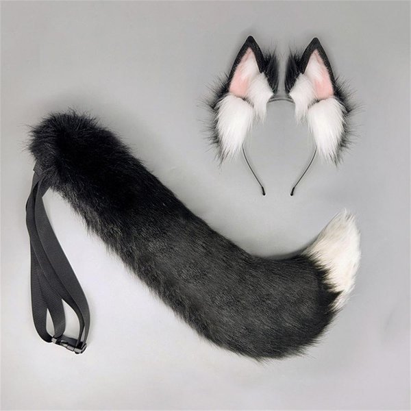 Set De Orejas Y Cola De Zorro Esponjosas De Halloween Kits De Orejas Y Cola De Animal De Peluche Accesorios De Disfraz Cosplay Kitsune Para ConvencióN De Anime Fiesta 1 Set Black-image