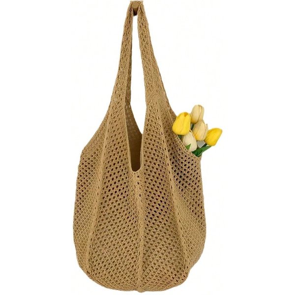 Bolso Tejido De Hilo De AlgodóN De Gran Capacidad Informal, Bolso Nuevo De Paja Hueca, Bolso De Hombro Estilo Perezoso, Bolso De Playa Para Vacaciones, Bolso De Mujer Khaki Beige-image