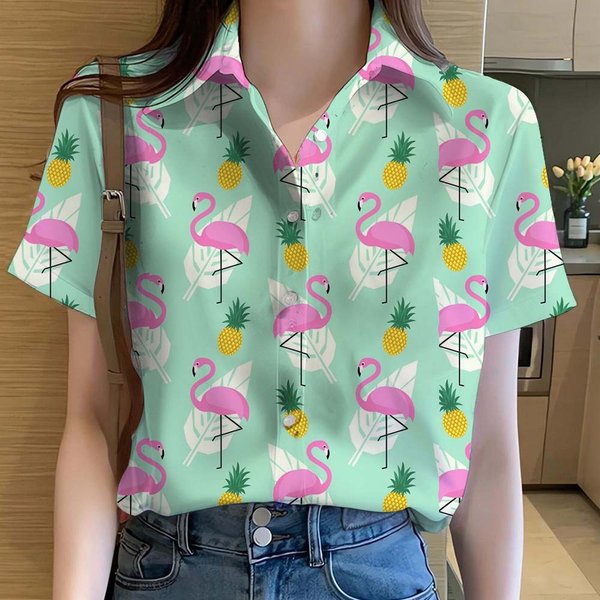 Camisa Para Mujer Dibujo Animado Animal Flamenco ImpresióN 3D Casual Hawaiana Manga Corta Botones Camisa De Playa Verano Milenio Ropa Para Mujer XL White-image