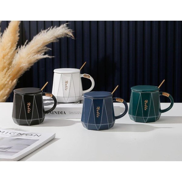 Nordycki Kreatywny Kubek Ceramiczny Wysokiej JakośCi Kubek Z Pokrywką I ŁYżEczką Dom Biuro Kubek Do Kawy 460Ml-image