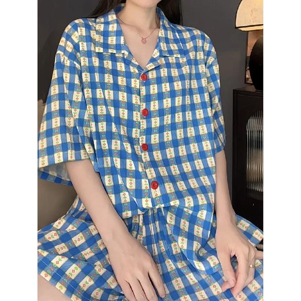 Pijama De Mujer Verano Manga Corta Conjunto De Ropa De Dormir Dibujos Animados Lindo Cuadros Estampado Pijama Mujer Volante Conjunto De Ropa De Noche Para El Hogar CáRdigan L Gray-image