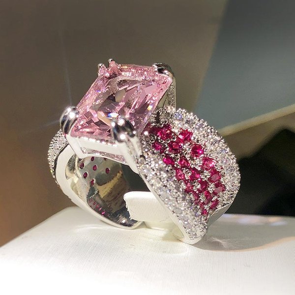 Anillo De Diamante Rosa Para Mujer Con Personalidad Anillo De Gema Rosa Para El Dedo ÍNdice Adjustable Opening-image