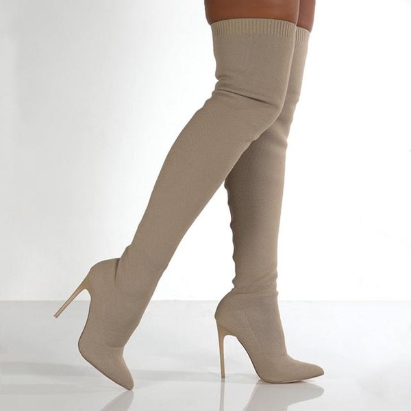 Botas De Invierno Para Mujer Por Encima De La Rodilla Botas De TacóN Alto Slip On Punta Afilada Mujer Botas Largas Talla 35-image