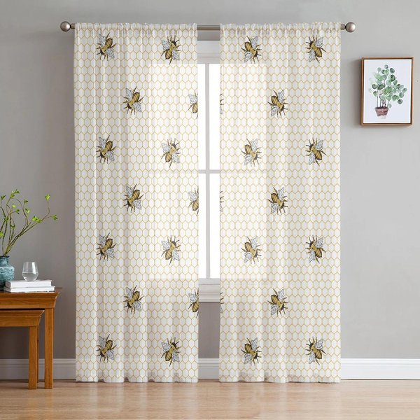 Cortinas Transparentes Amarillas De Insectos Abeja Para DecoracióN De Dormitorio Sala De Estar Cortina De Ventana Para Cocina Cortinas De Tul Voile Organza W135 X H115Cm X1&Rod Pocket-image