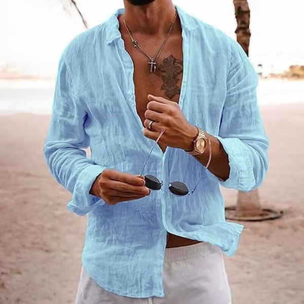 AlgodóN Nuevo Camisa De Manga Larga Nueva Para Hombre Color SóLido Solapa Estilo Casual L Azul Cielo-image
