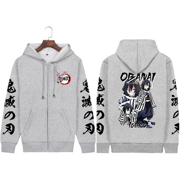 Harajuku Anime Demon Slayer Iguro Obanai Nadruk Bluza Z Kapturem MęSka Damska Klasyczna Rozpinana Bluza Casualowa LuźNa Bluza Unisex Rozpinana Kurtka XS Gray-image