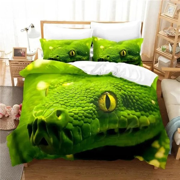 Zielony Wąż Zestaw PośCieli Zestaw Poszwy Na KołDrę PośCiel 3D Druk Cyfrowy PośCiel BawełNiana Rozmiar Queen Zestaw PośCieli Modny Design EU Single(135X200Cm)-image