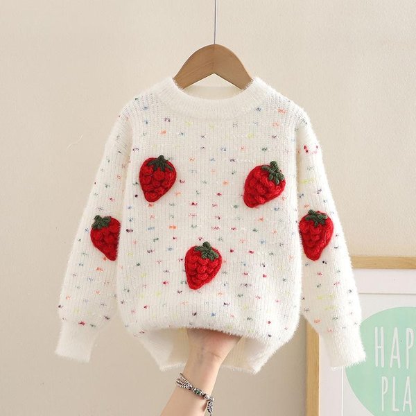 Lindo SuéTer PulóVer De Fresa Tridimensional Para NiñAs Como Base Top De Punto Infantil De Invierno 110 White-image