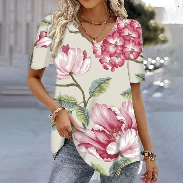 Camisetas Negras Con Estampado Floral Para Mujer, Ropa Deportiva De Verano, Camisetas De Manga Corta, Blusas Para Mujer, Blusas Tipo Jersey Con Cuello En V, Ropa Femenina 6XL-image