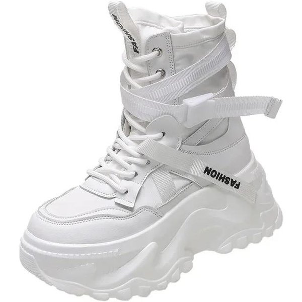 Botas De Moto Blancas Con Plataforma Gruesa Para Mujer, Botines Con Hebilla Y Cordones De Suela Gruesa, Zapatos Vulcanizados De Moda De OtoñO Para Mujer 34-image