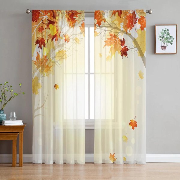 Cortinas Transparentes De Hojas De Arce CaíDas De OtoñO Para DecoracióN De Dormitorio Sala De Estar Cortina De Ventana Cocina Tul Voile Organza Cortinas W135 X H115Cm X1&Rod Pocket-image