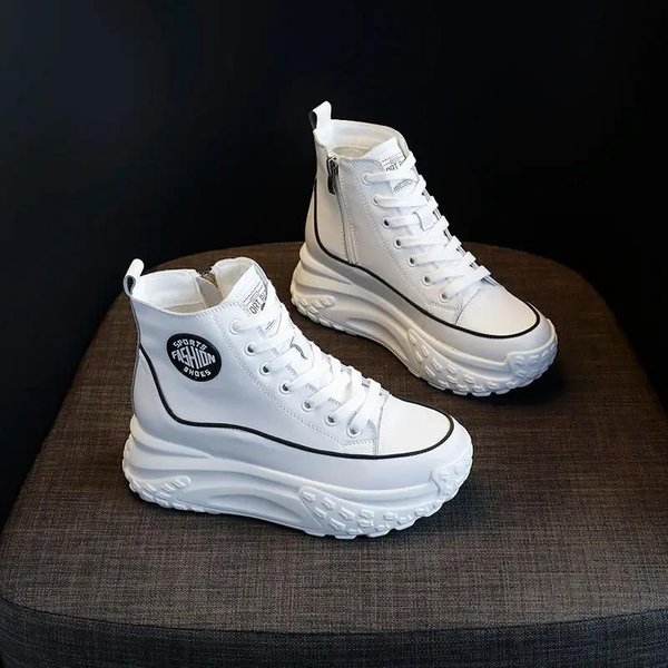 Zapatos De Mujer De CañA Alta Cuero Genuino Botas De Plataforma De 7Cm CuñA TacóN Oculto Cremallera Primavera OtoñO CáLido Piel Zapato De Invierno Zapatillas Tenis 39 Gray-image