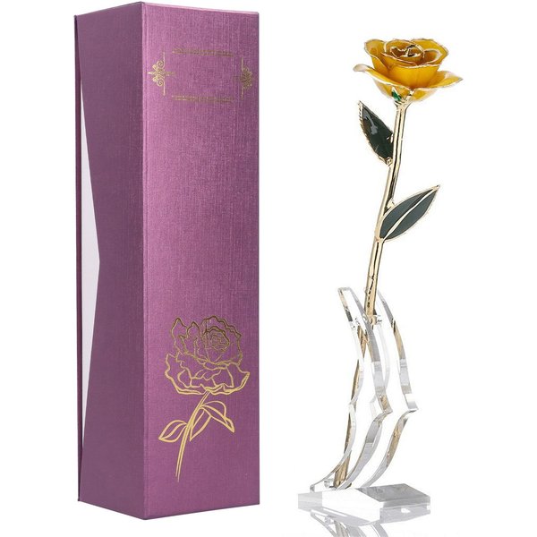 Rosa Real Chapada En Oro De 24K Rosa Amarilla Con Base Regalo De San ValentíN DecoracióN Para Enamorado/A Gray-image