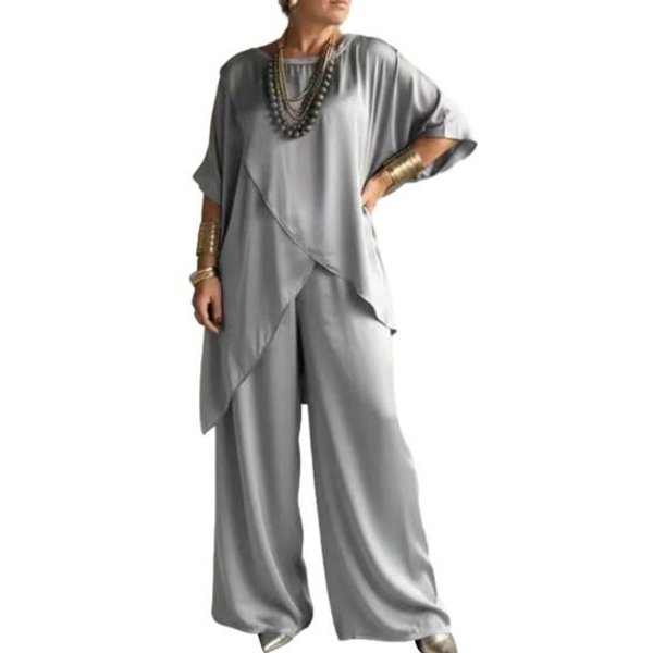 Conjuntos De SatéN De 2 Piezas Para Mujer Top De Manga Media Con Dobladillo AsiméTrico Conjuntos De Pantalones De Pierna Ancha Conjuntos Sueltos De Verano Para Estar En Casa L Gray-image