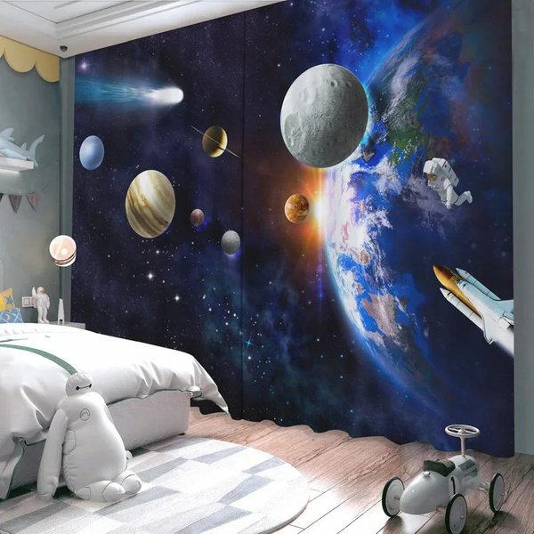 Nowa ZasłOna ZaciemniająCa KreskóWka Ziemia Planeta Kosmos Astronauta Rakieta Nadruk Wysokie Zaciemnienie ZasłOna PokóJ DziecięCy Salon ZasłOny W55 X H120Cm X 2&Grommet Top-image