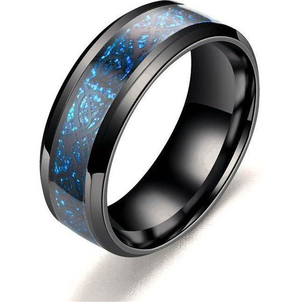 Moda 8Mm Czarne PierśCienie Smoka Ze Stali Nierdzewnej Dla MężCzyzn Kobiet Inkrustowane Niebieskim WłóKnem WęGlowym PierśCienie MęSkie Punk ObrąCzka BiżUteria Prezenty 11 Gray-image