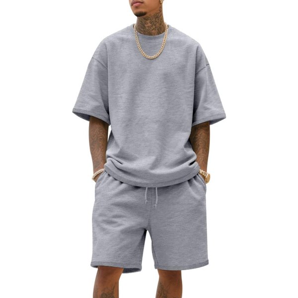 2025 100% BawełNa MęSki Letni AmerykańSki Styl LuźNy High Street Hip-Hop Sportowy Zestaw Z KróTkim RęKawem I Spodenkami 3XL Gray-image